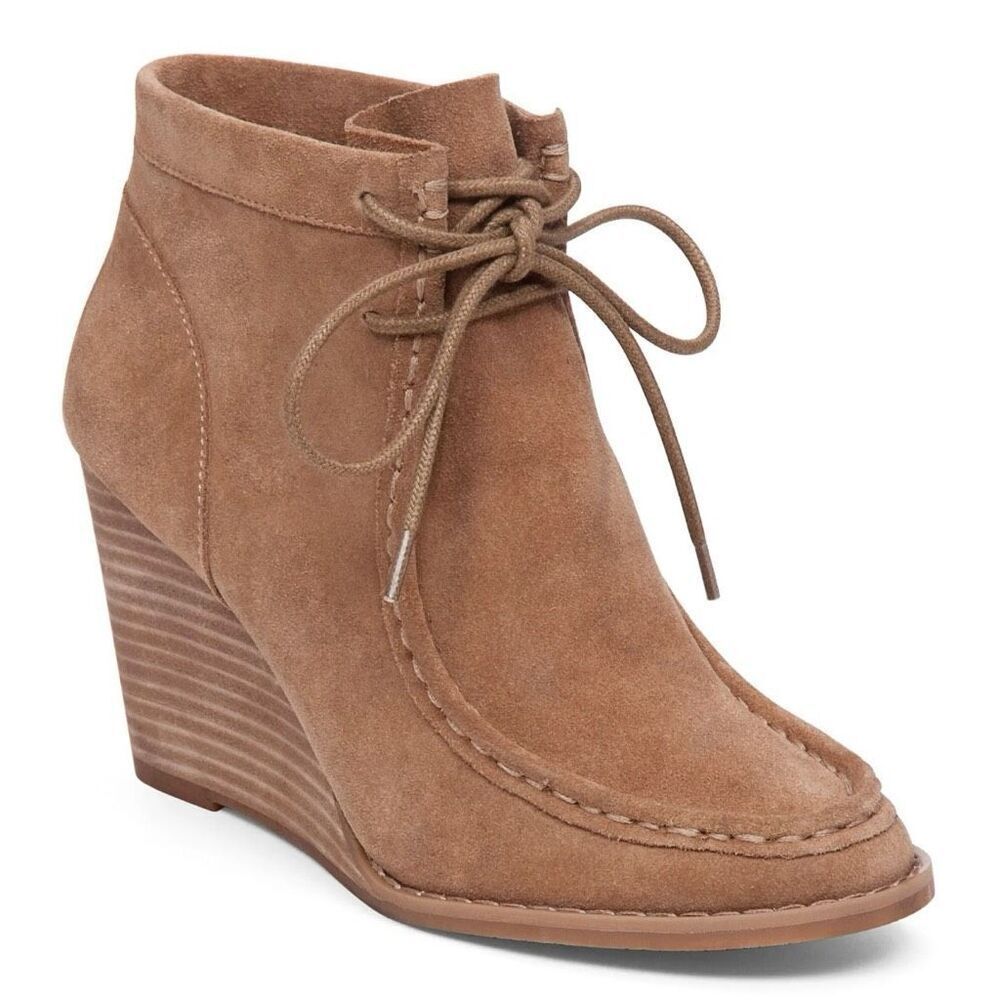 Lucky Brand Ysabel Wedge Bootie in Sesame, Leather Suede Lace up Women’s 9.5
